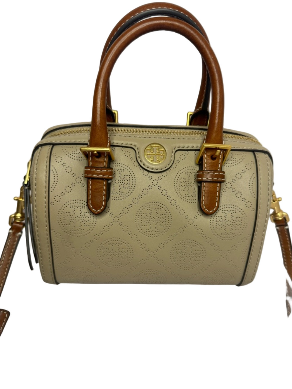 #261 Tory Burch Like New T Monogram Perforated Mini Barrel Bag Almond Flour